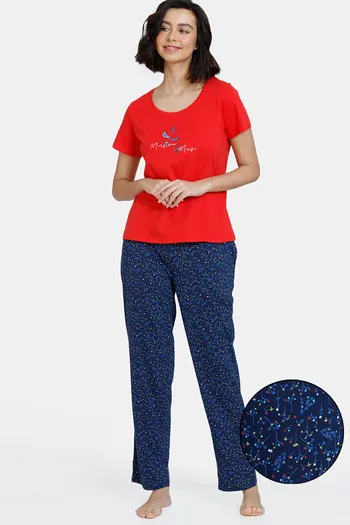 Buy Zivame Color Me Happy Knit Cotton Pyjama Set - Medieval Blue